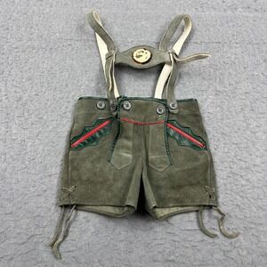 VTG German Lederhosen Youth Green Suede Leather Adjustable Straps Antler Bone